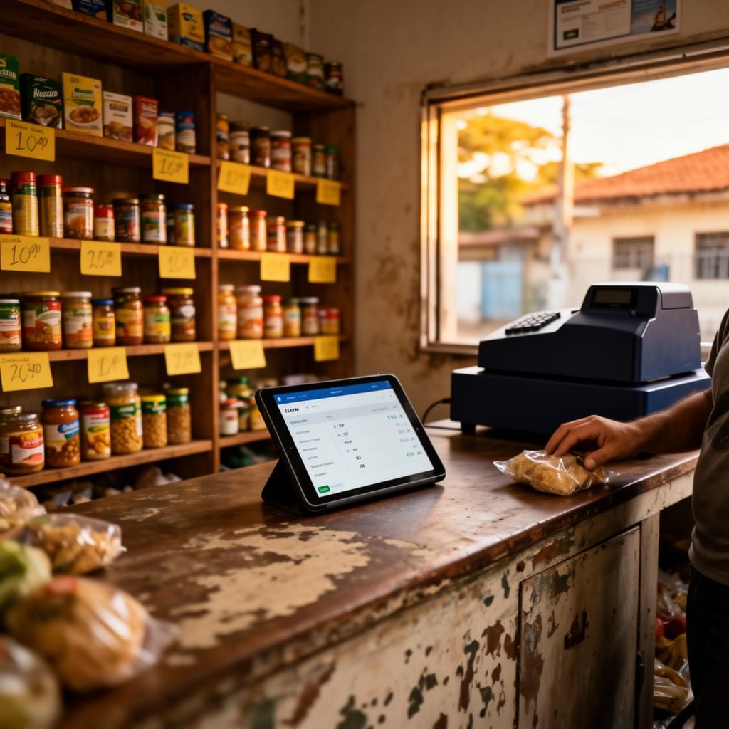 Mercadinho de bairro brasileiro com tablet exibindo tela de vendas no balcão