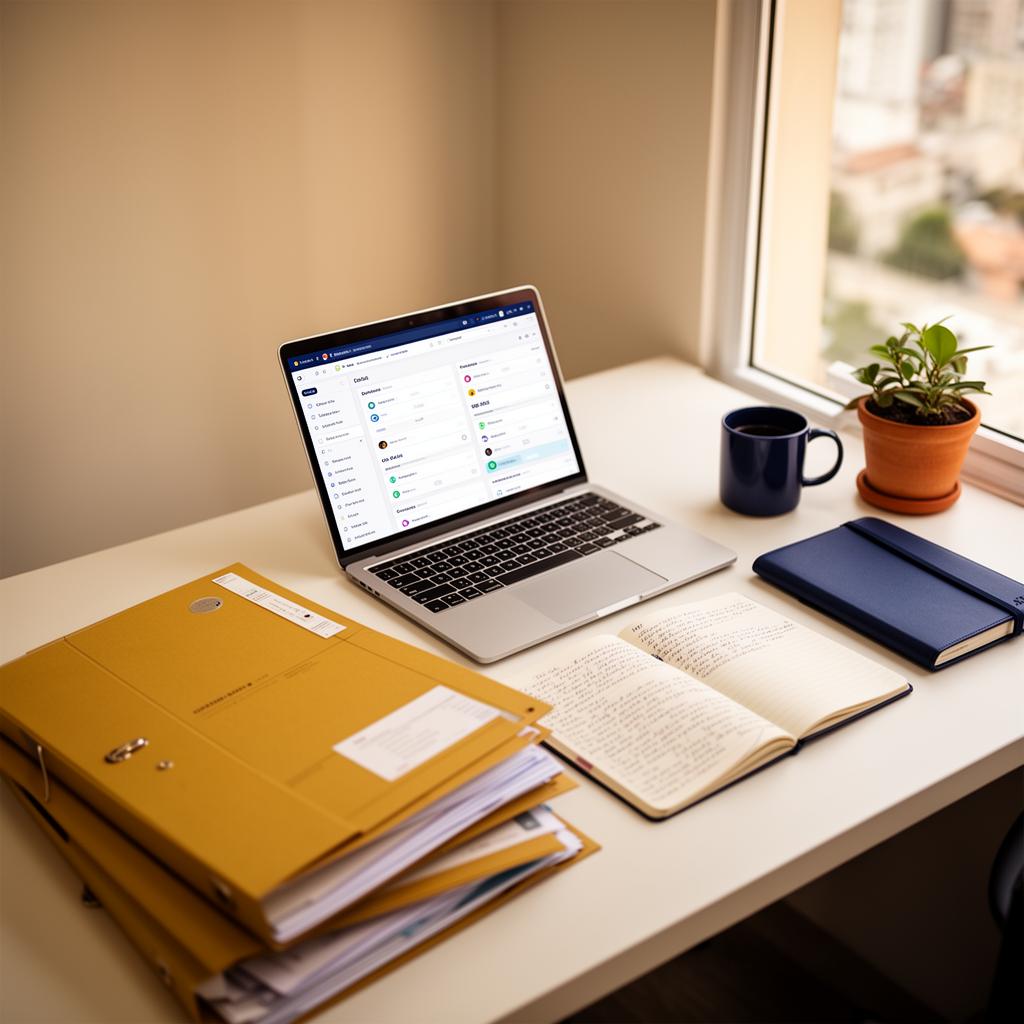 Mesa de escritório profissional com laptop mostrando CRM, pastas e caderno organizados