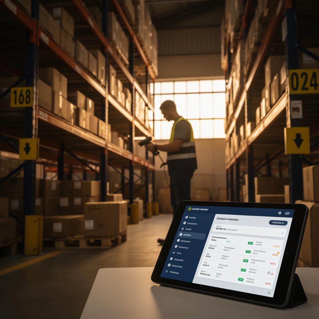 Galpão logístico brasileiro com prateleiras organizadas e tablet de inventário em primeiro plano