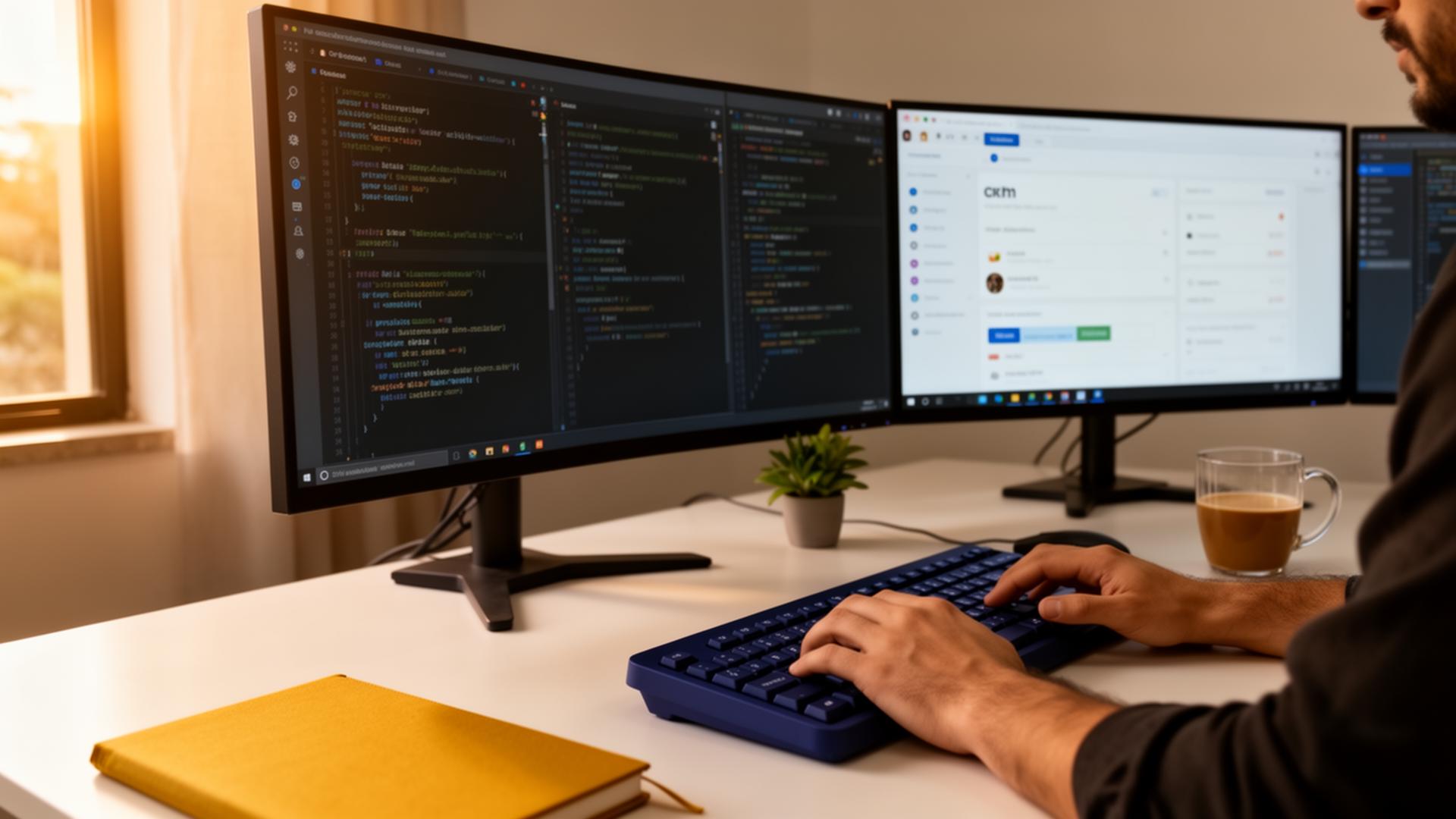 Desenvolvedor brasileiro programando um sistema sob medida com CRM aberto em segundo monitor